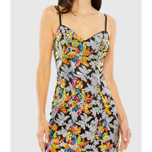 Mac Duggal NWT Sequined Floral Detail Mini Dress in Black Multi Size 10 - Picture 3 of 8